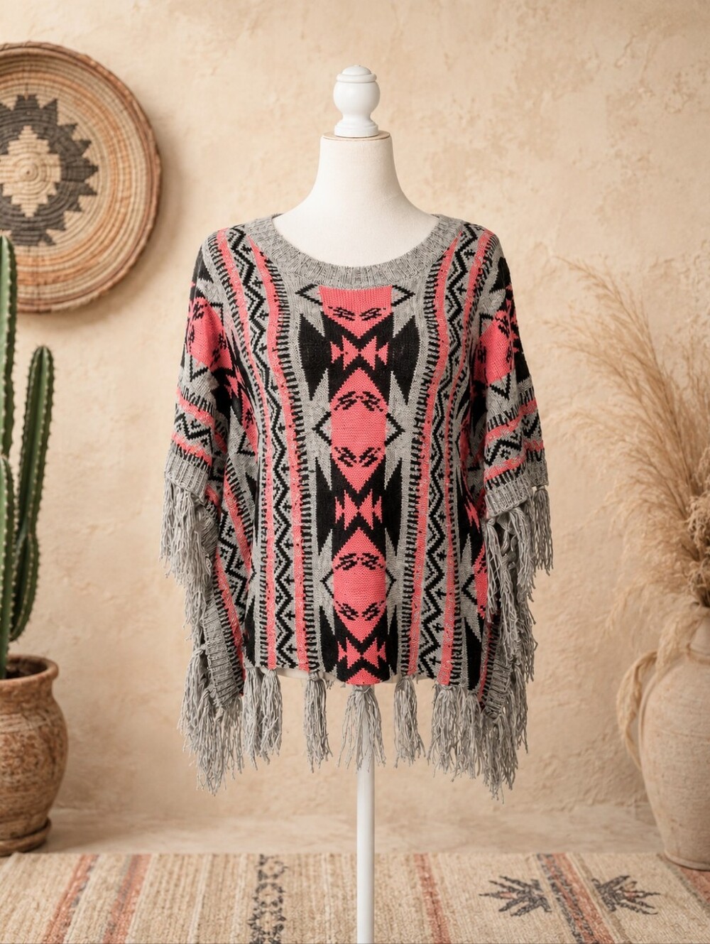 SOHO Apparel Women's Southwestern Fringe Poncho Sweater Size Small Atztec